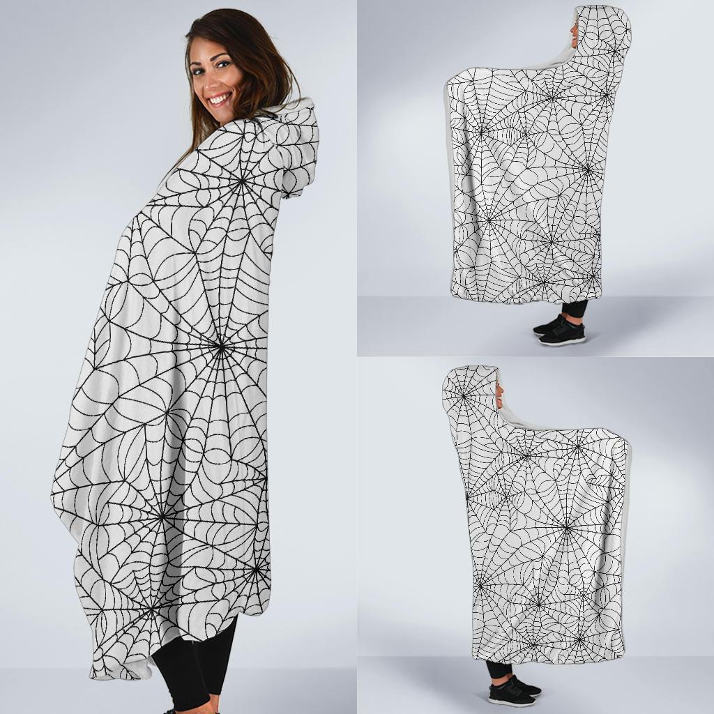 White Spider Web Pattern Print Hooded Blanket-grizzshop