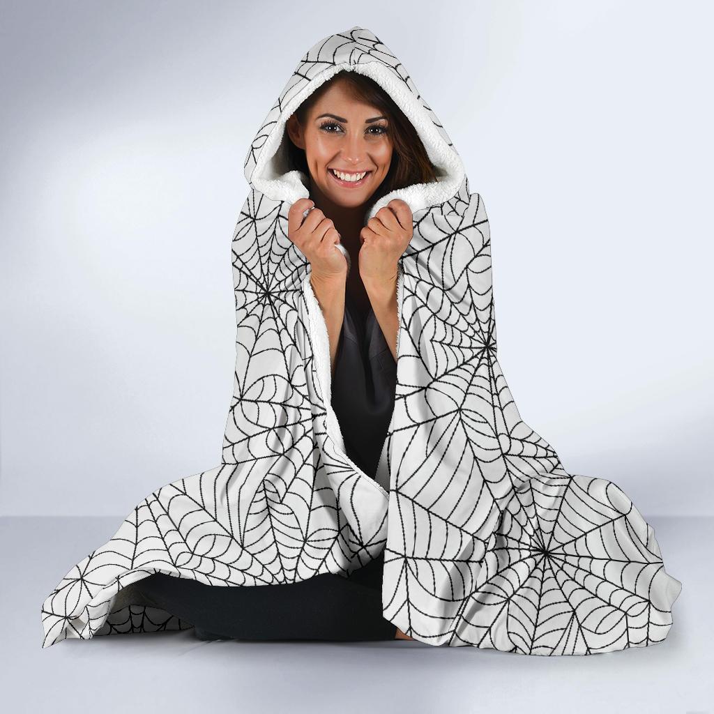 White Spider Web Pattern Print Hooded Blanket-grizzshop