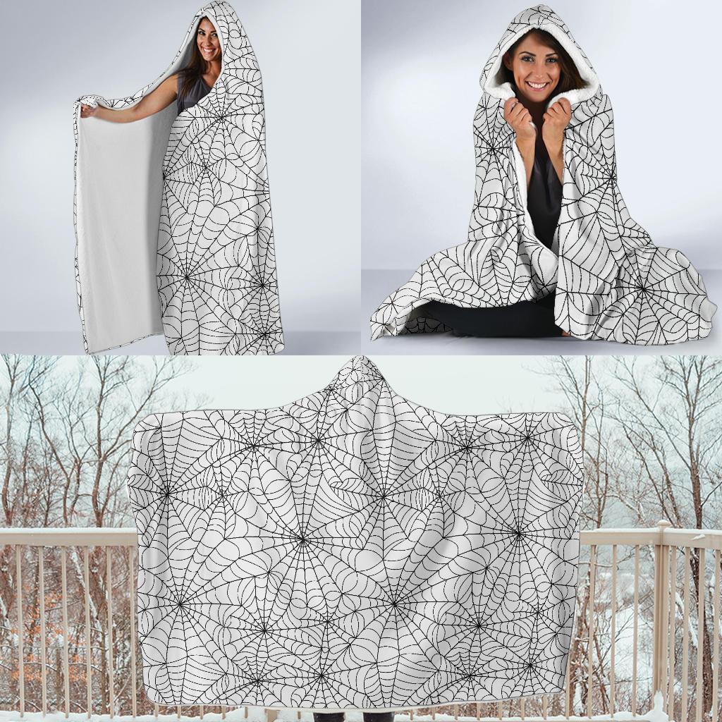 White Spider Web Pattern Print Hooded Blanket-grizzshop