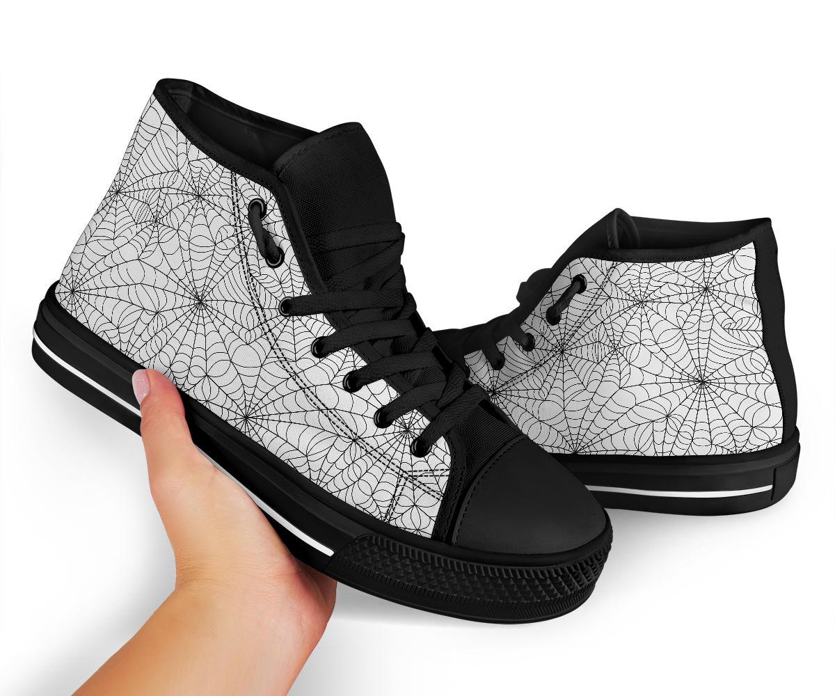 White Spider Web Pattern Print Men Women's High Top Shoes-grizzshop