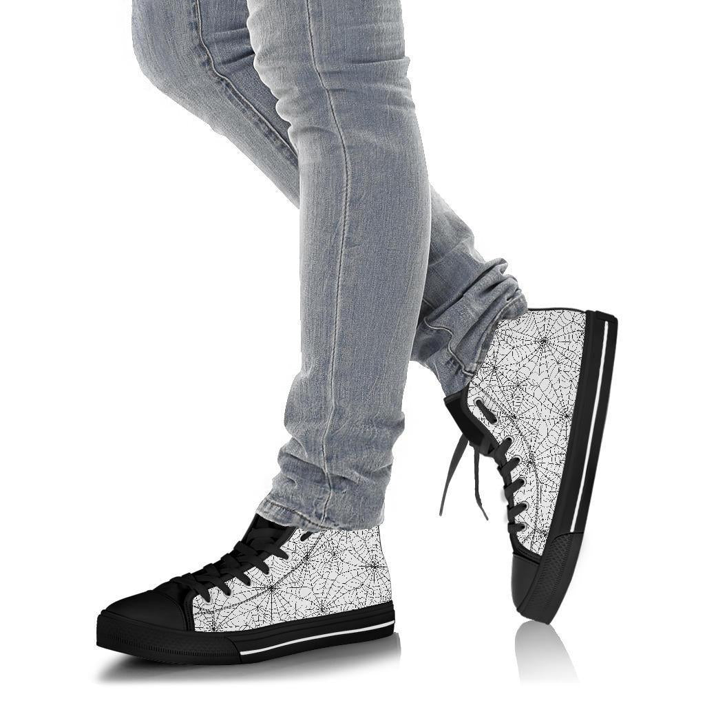 White Spider Web Pattern Print Men Women's High Top Shoes-grizzshop
