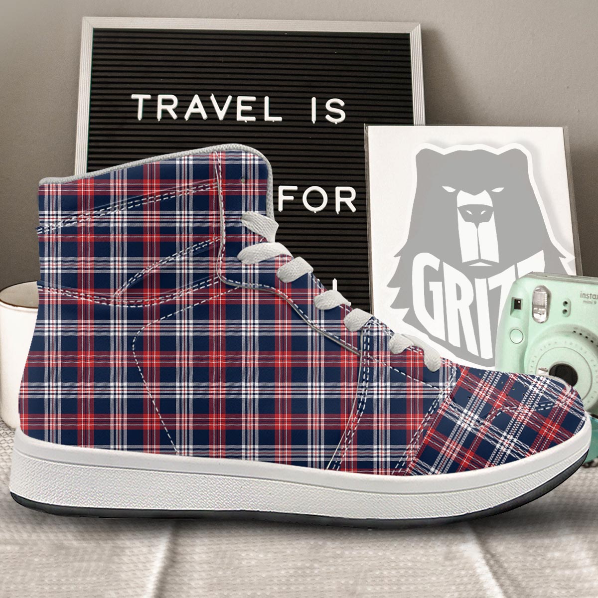 White Tartan And Blue Red Print Pattern High Top Sneakers-grizzshop