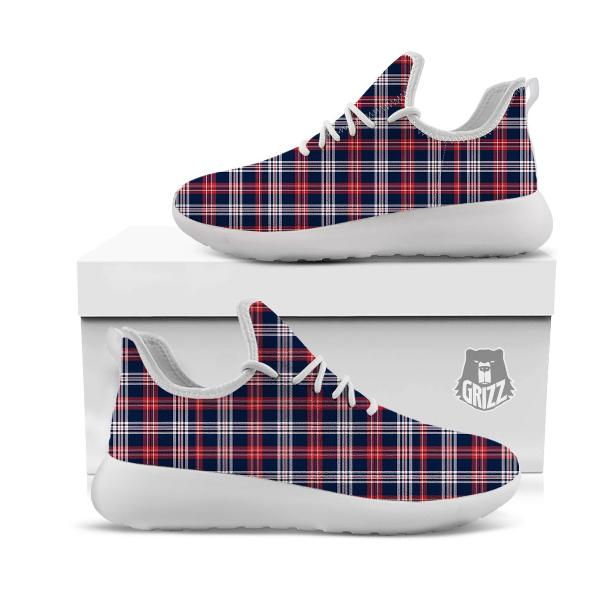 White Tartan And Blue Red Print Pattern White Athletic Shoes-grizzshop