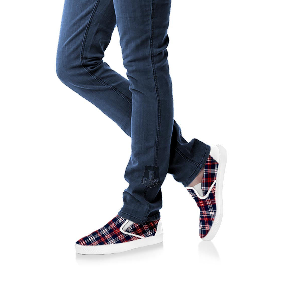 White Tartan And Blue Red Print Pattern White Slip On Shoes-grizzshop