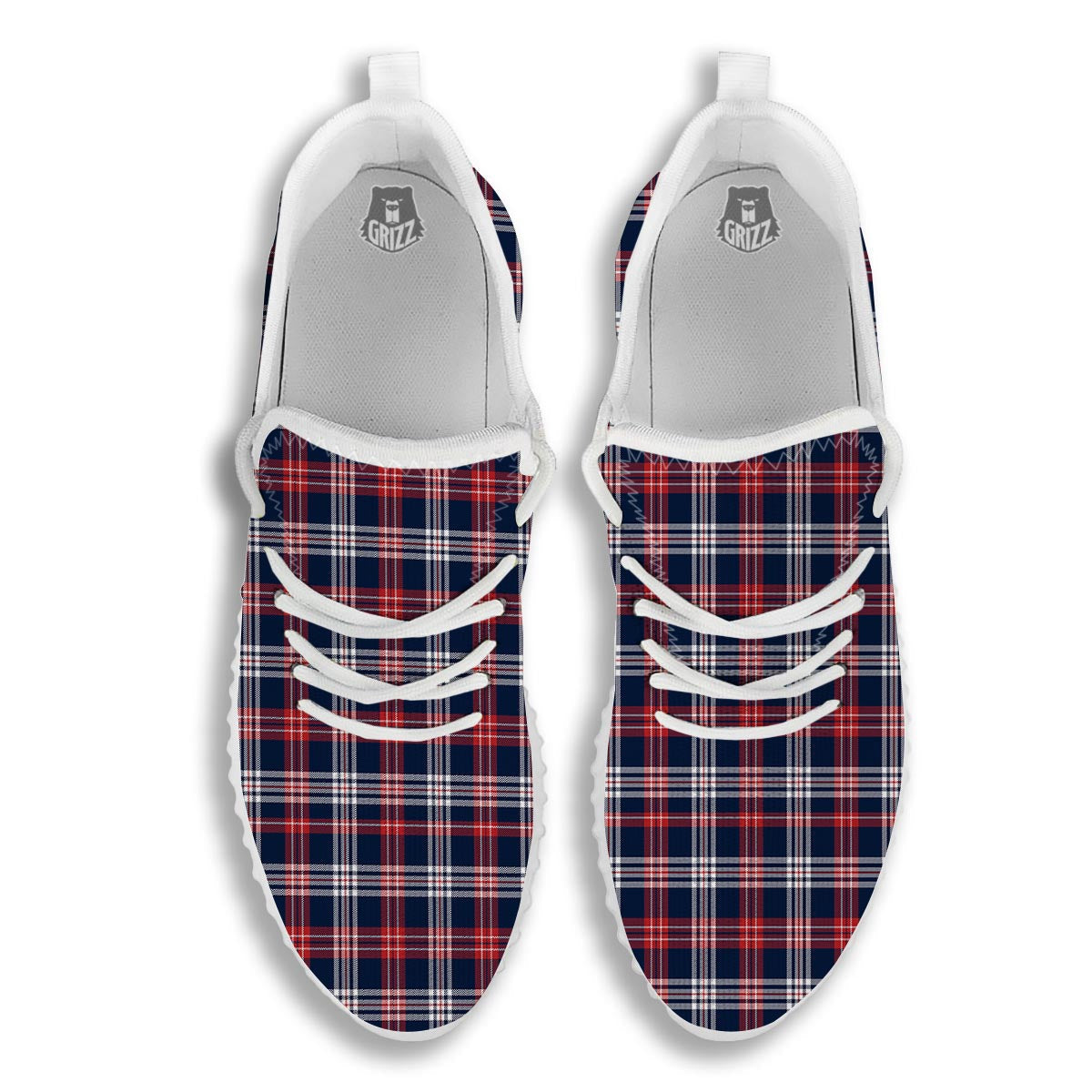 White Tartan And Blue Red Print Pattern White Walking Shoes-grizzshop