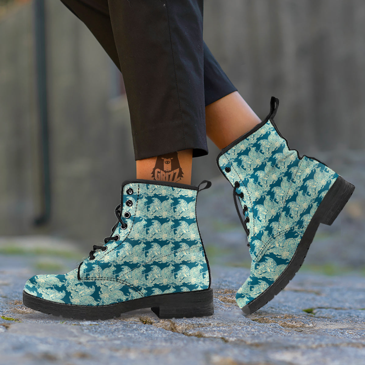 White Tiger Japanese Print Pattern Leather Boots-grizzshop