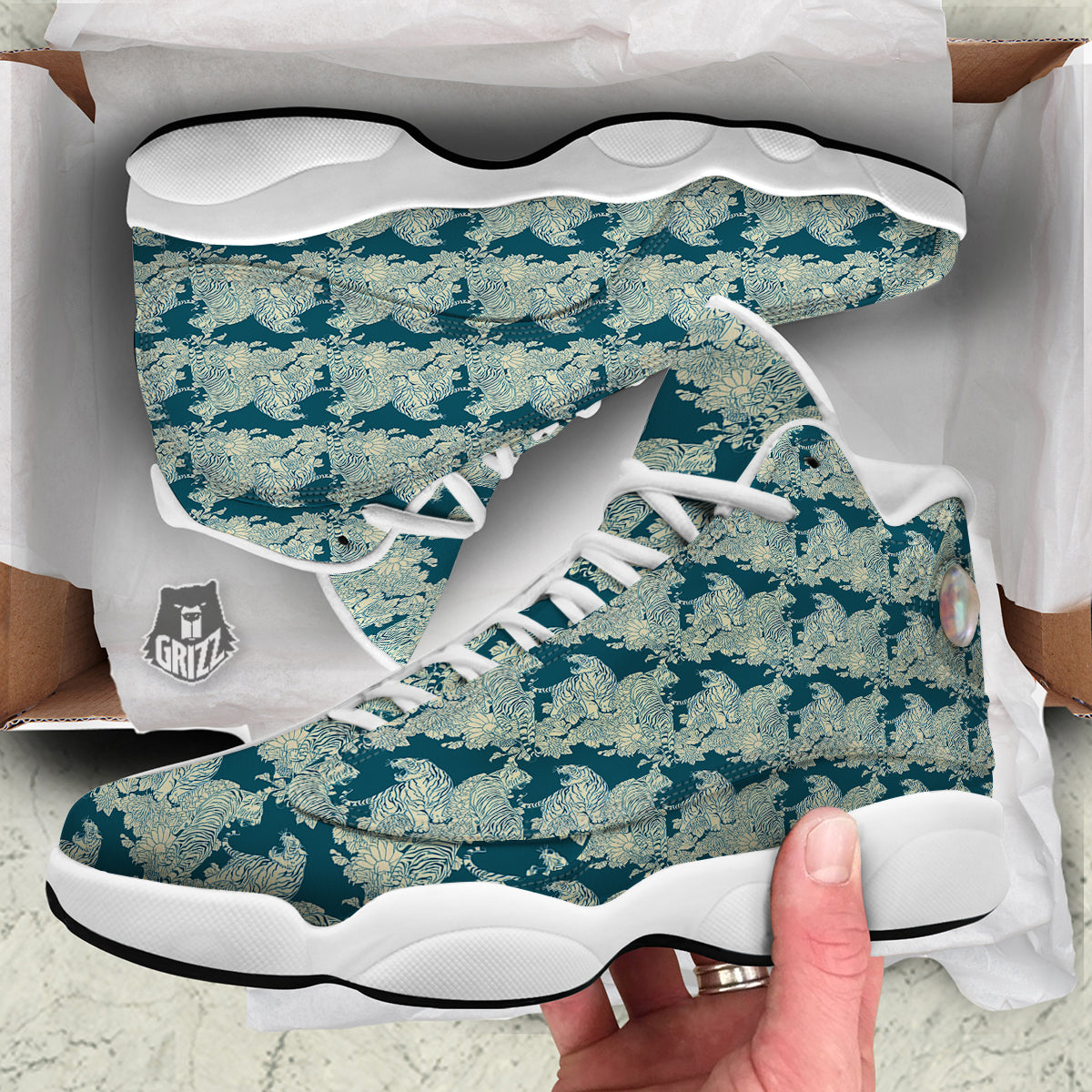 White Tiger Japanese Print Pattern White Basketball Shoes-grizzshop