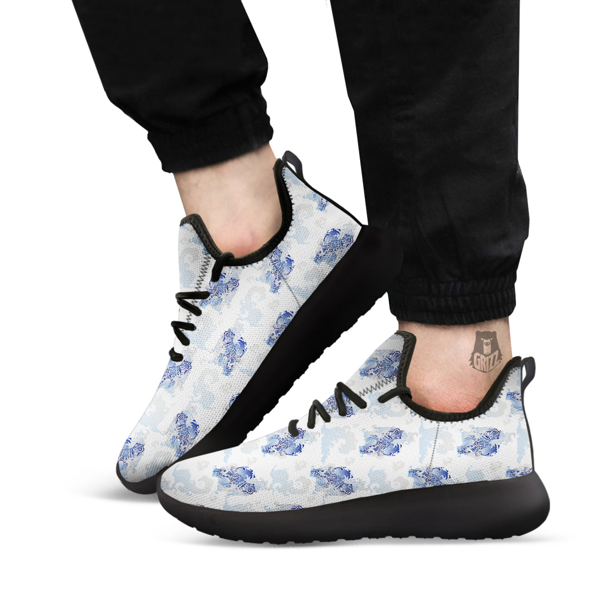 White Tiger Tattoo Japanese Print Pattern Black Athletic Shoes-grizzshop