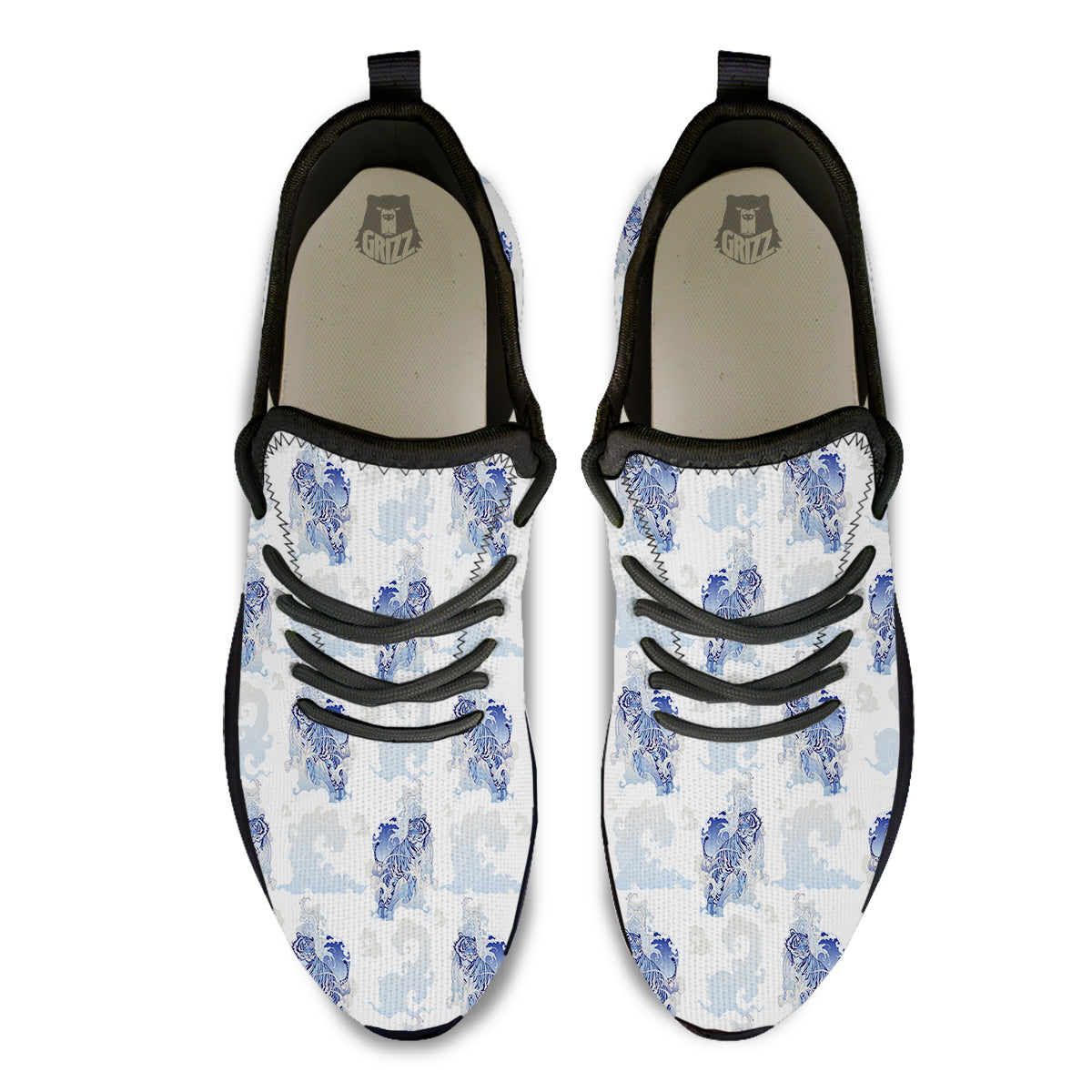 White Tiger Tattoo Japanese Print Pattern Black Athletic Shoes-grizzshop