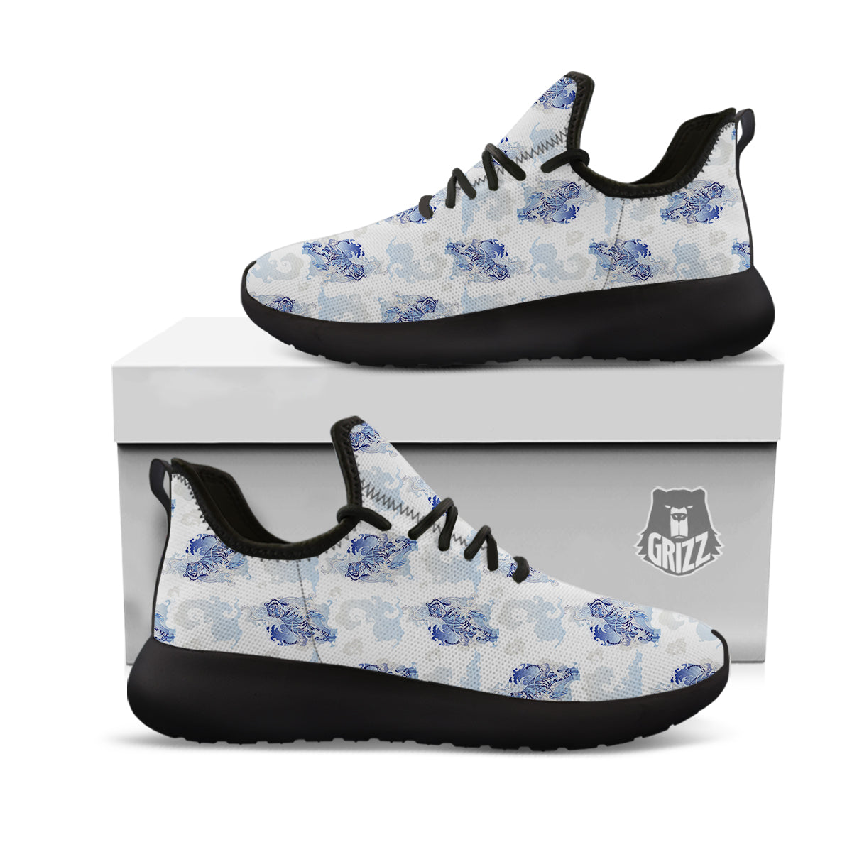 White Tiger Tattoo Japanese Print Pattern Black Athletic Shoes-grizzshop