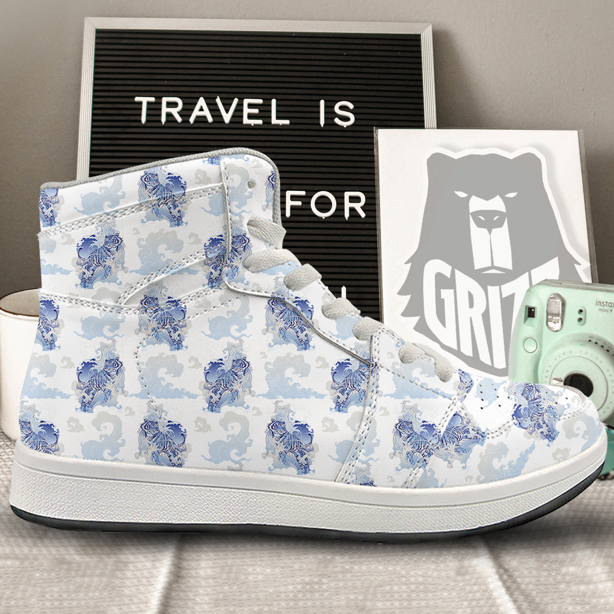 White Tiger Tattoo Japanese Print Pattern High Top Sneakers-grizzshop