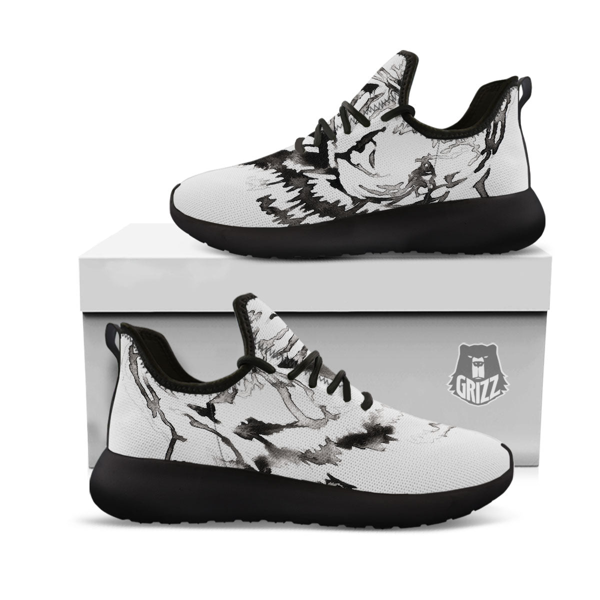 White Tiger Watercolor Monochrome Print Black Athletic Shoes-grizzshop