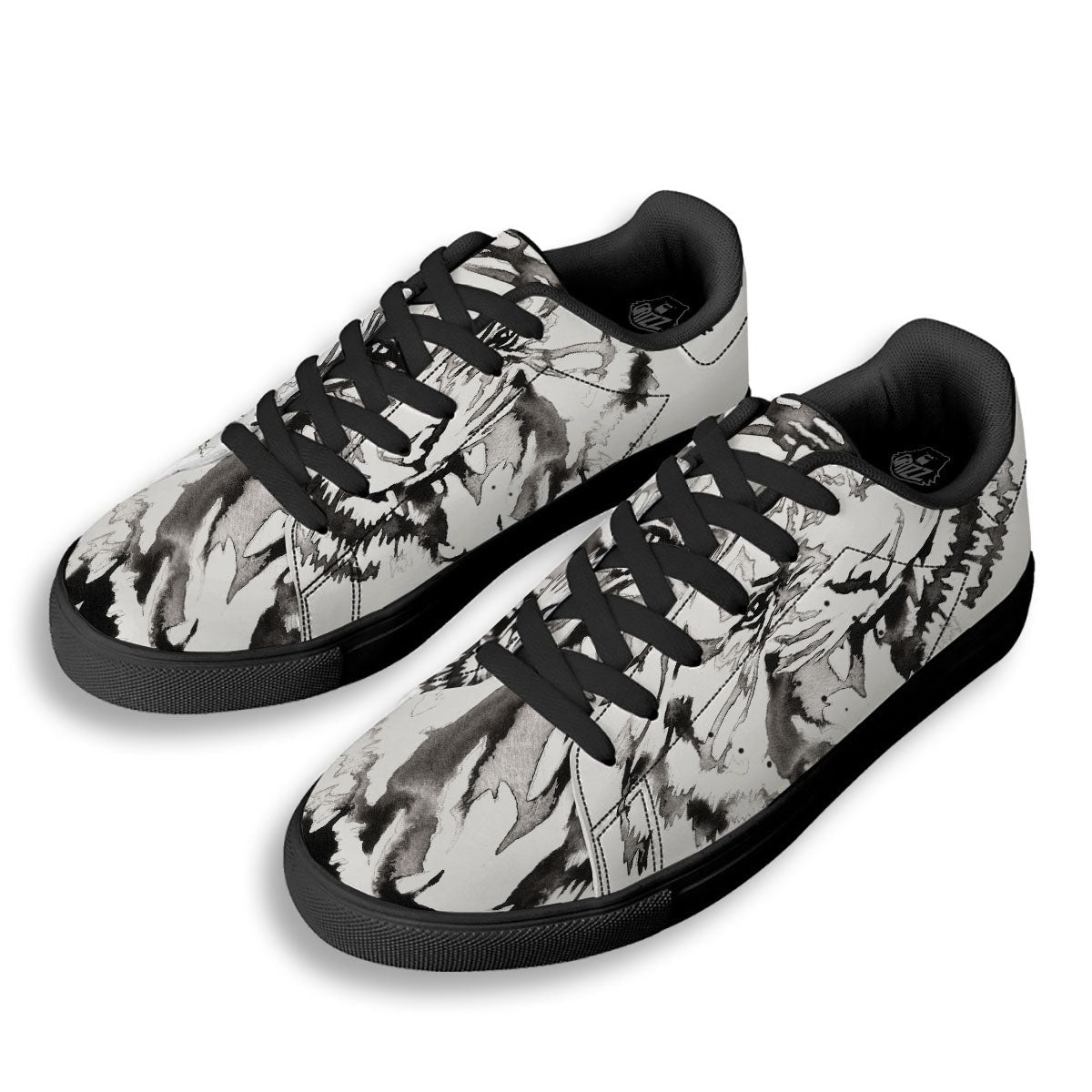 White Tiger Watercolor Monochrome Print Black Low Top Sneakers-grizzshop