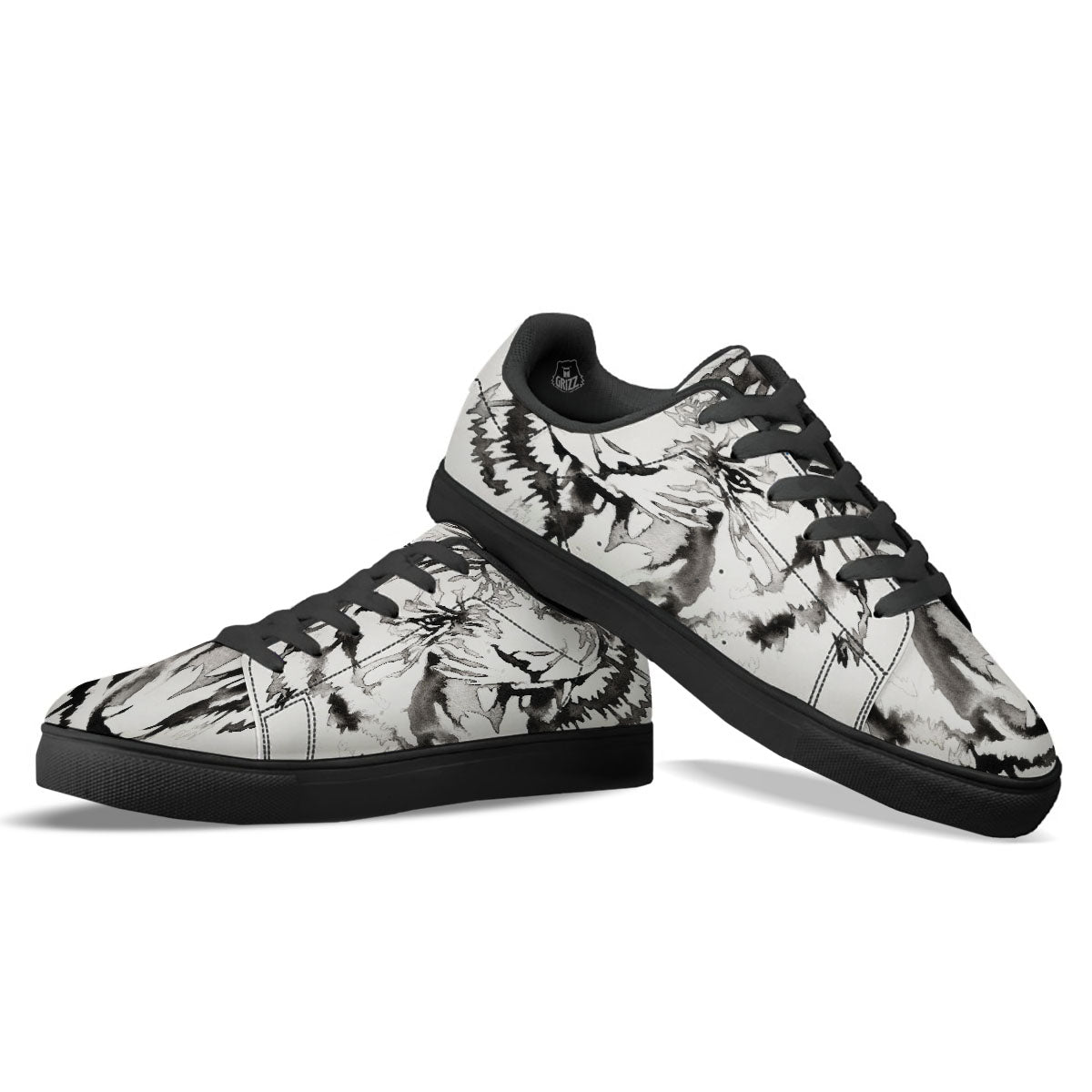 White Tiger Watercolor Monochrome Print Black Low Top Sneakers-grizzshop