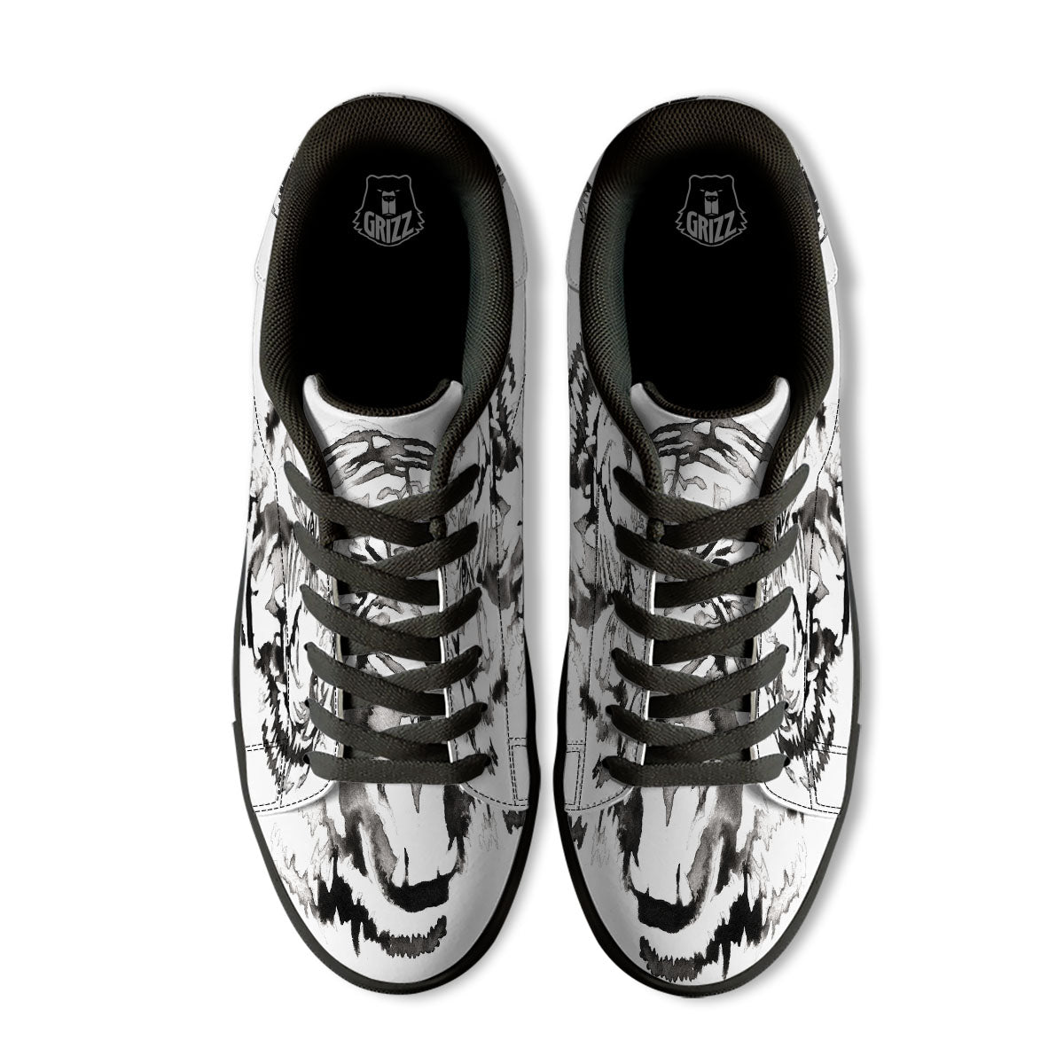 White Tiger Watercolor Monochrome Print Black Low Top Sneakers-grizzshop