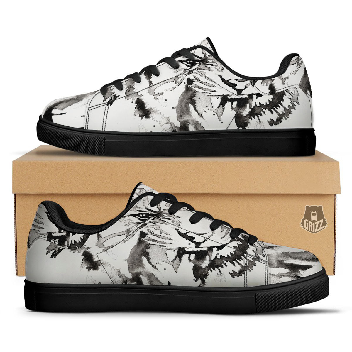 White Tiger Watercolor Monochrome Print Black Low Top Sneakers-grizzshop
