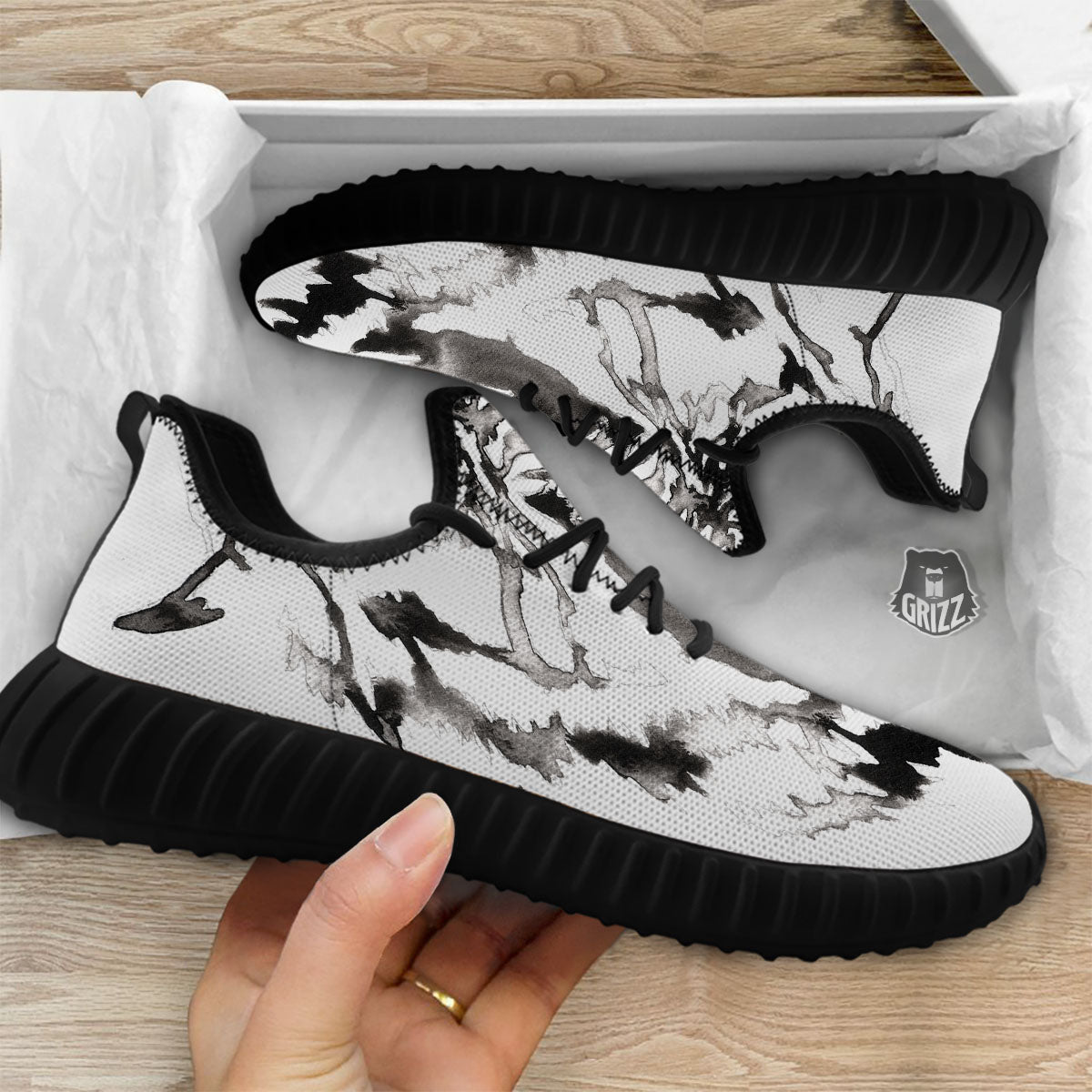 White Tiger Watercolor Monochrome Print Black Walking Shoes-grizzshop