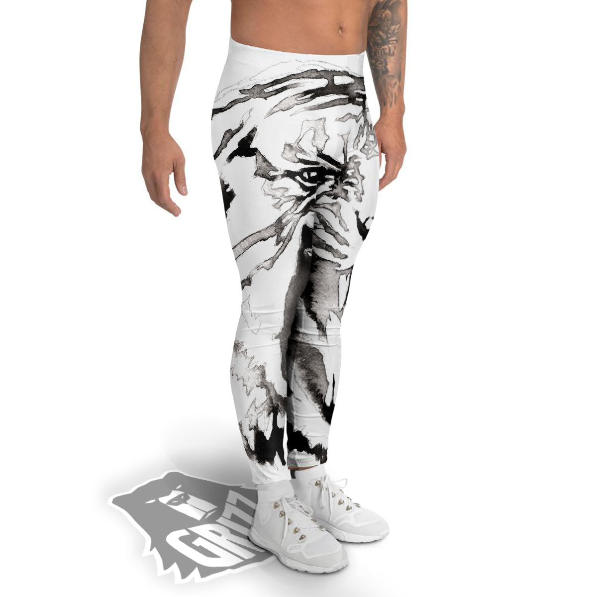 White Tiger Watercolor Monochrome Print Men's Leggings-grizzshop