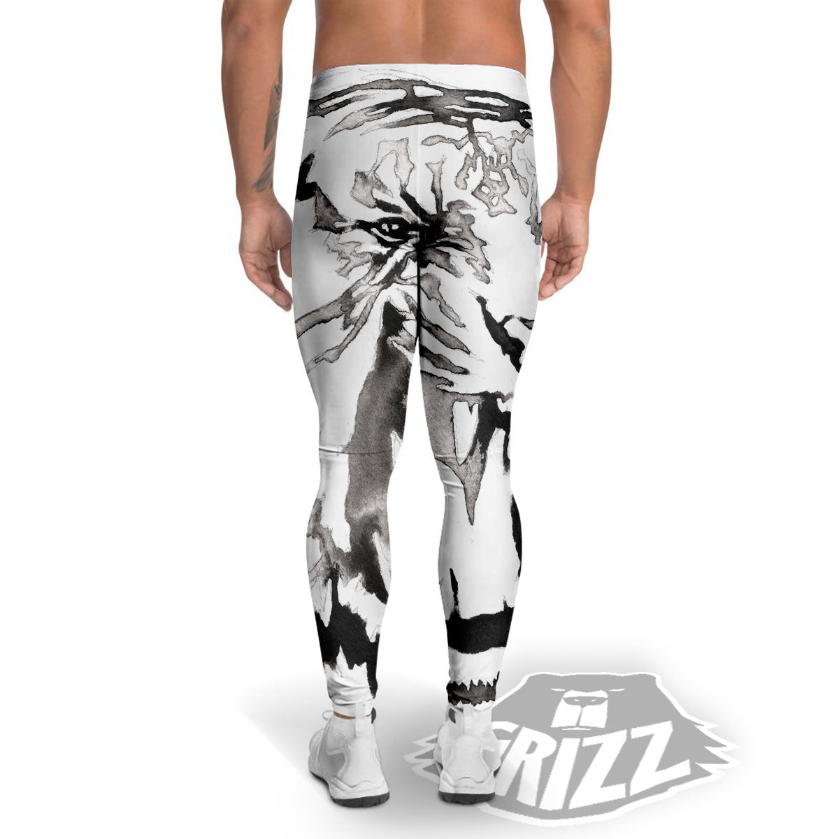 White Tiger Watercolor Monochrome Print Men's Leggings-grizzshop