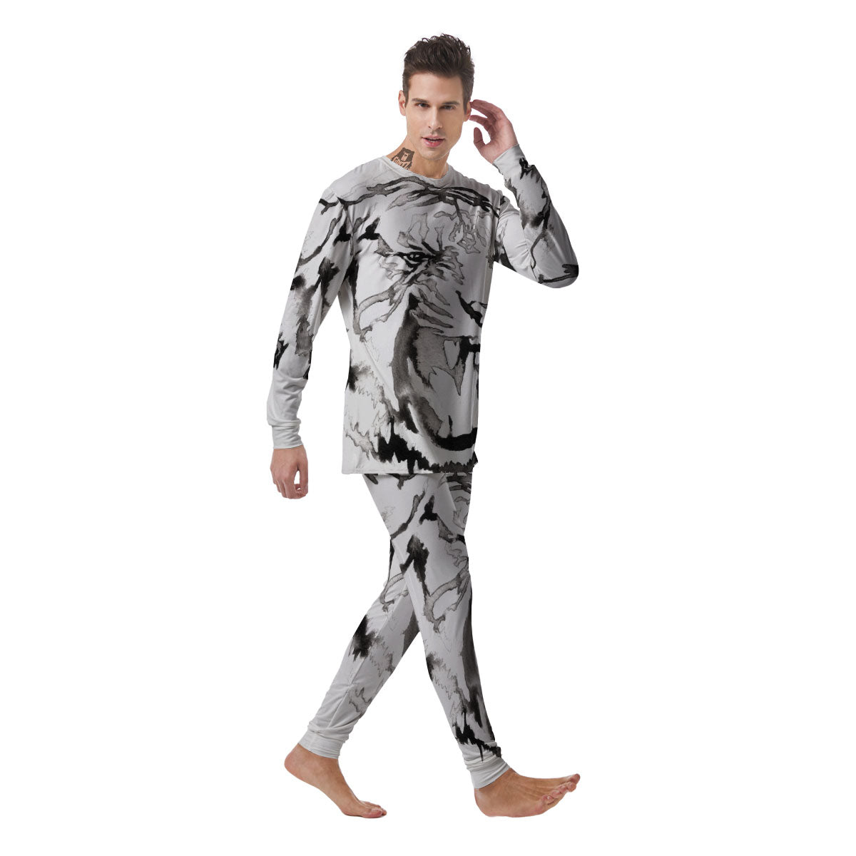 White Tiger Watercolor Monochrome Print Men's Pajamas-grizzshop