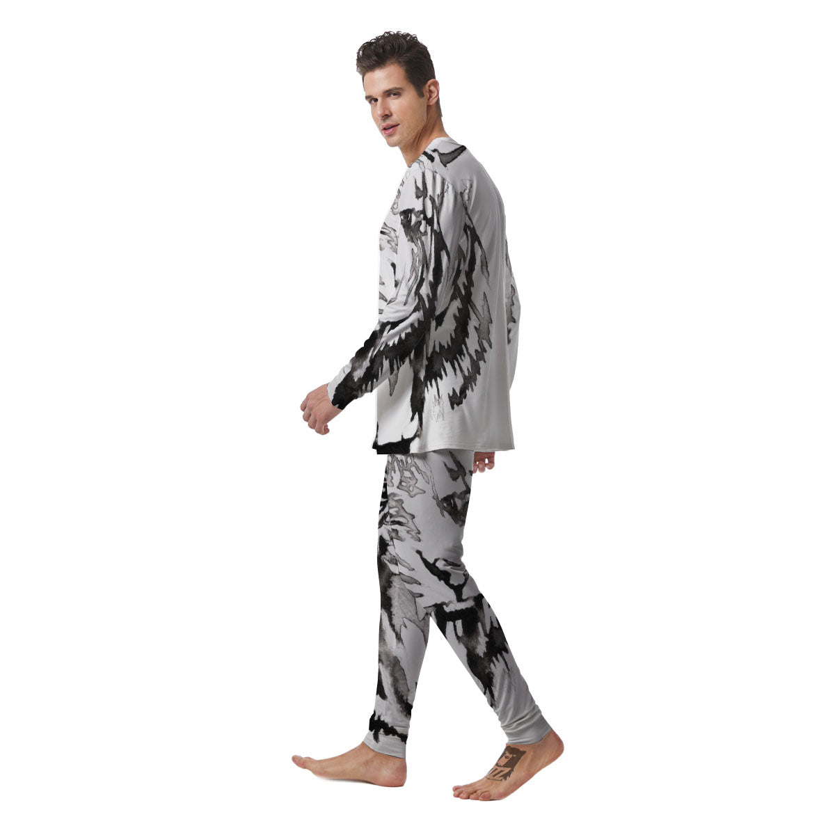 White Tiger Watercolor Monochrome Print Men's Pajamas-grizzshop