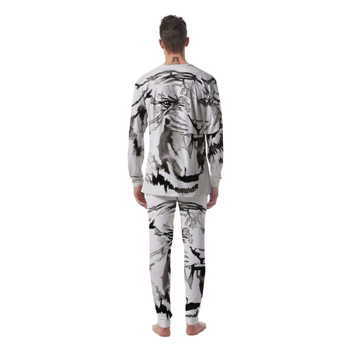 White Tiger Watercolor Monochrome Print Men's Pajamas-grizzshop