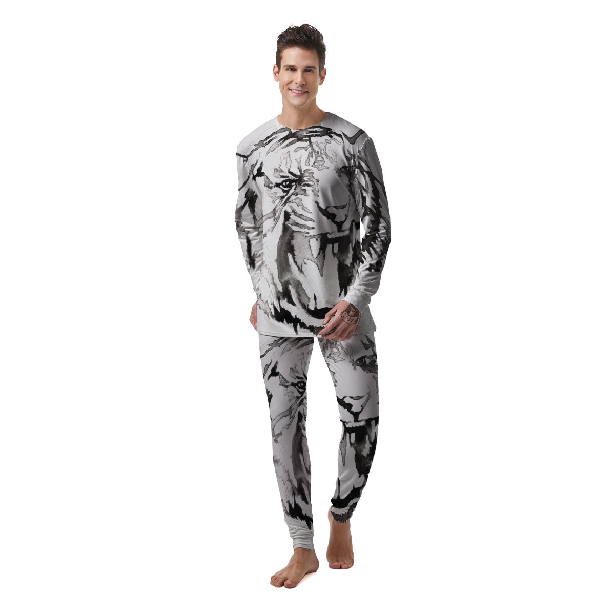 White Tiger Watercolor Monochrome Print Men's Pajamas-grizzshop