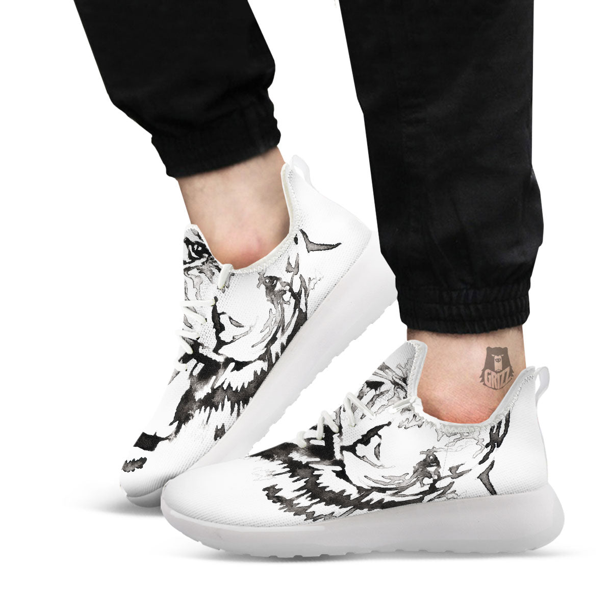 White Tiger Watercolor Monochrome Print White Athletic Shoes-grizzshop