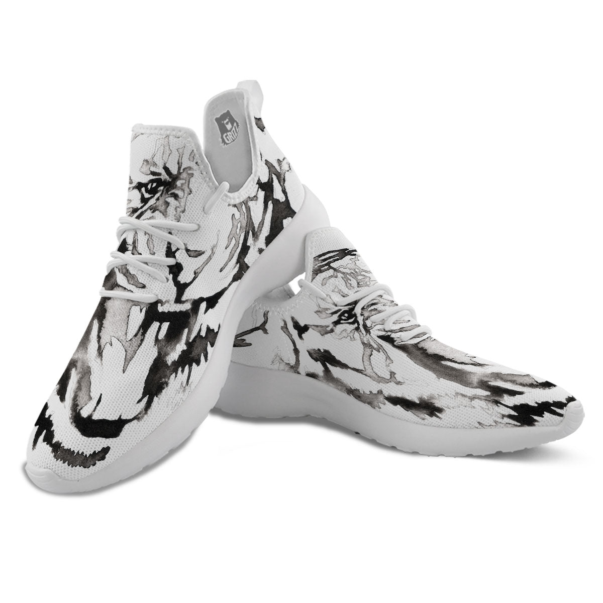 White Tiger Watercolor Monochrome Print White Athletic Shoes-grizzshop