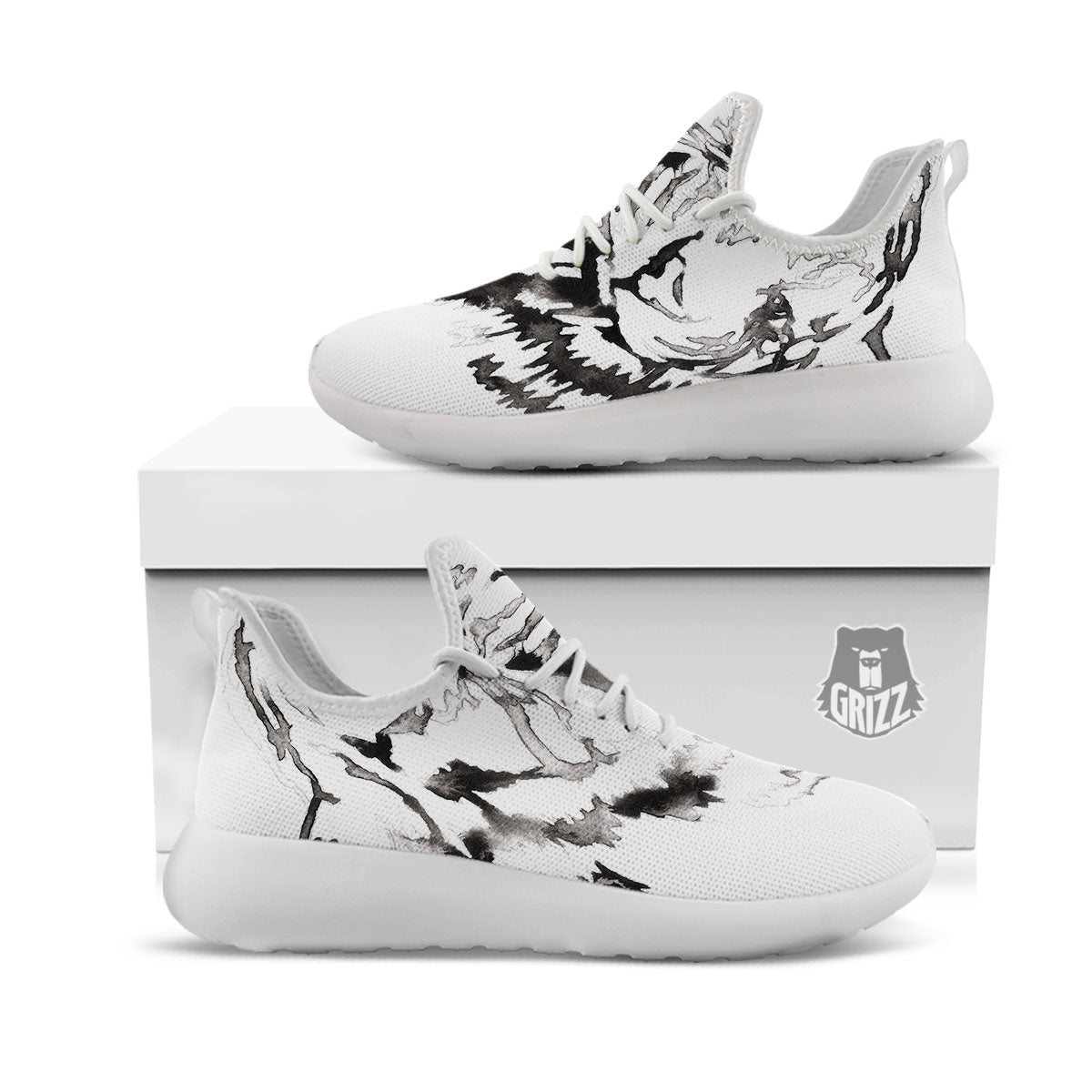 White Tiger Watercolor Monochrome Print White Athletic Shoes-grizzshop