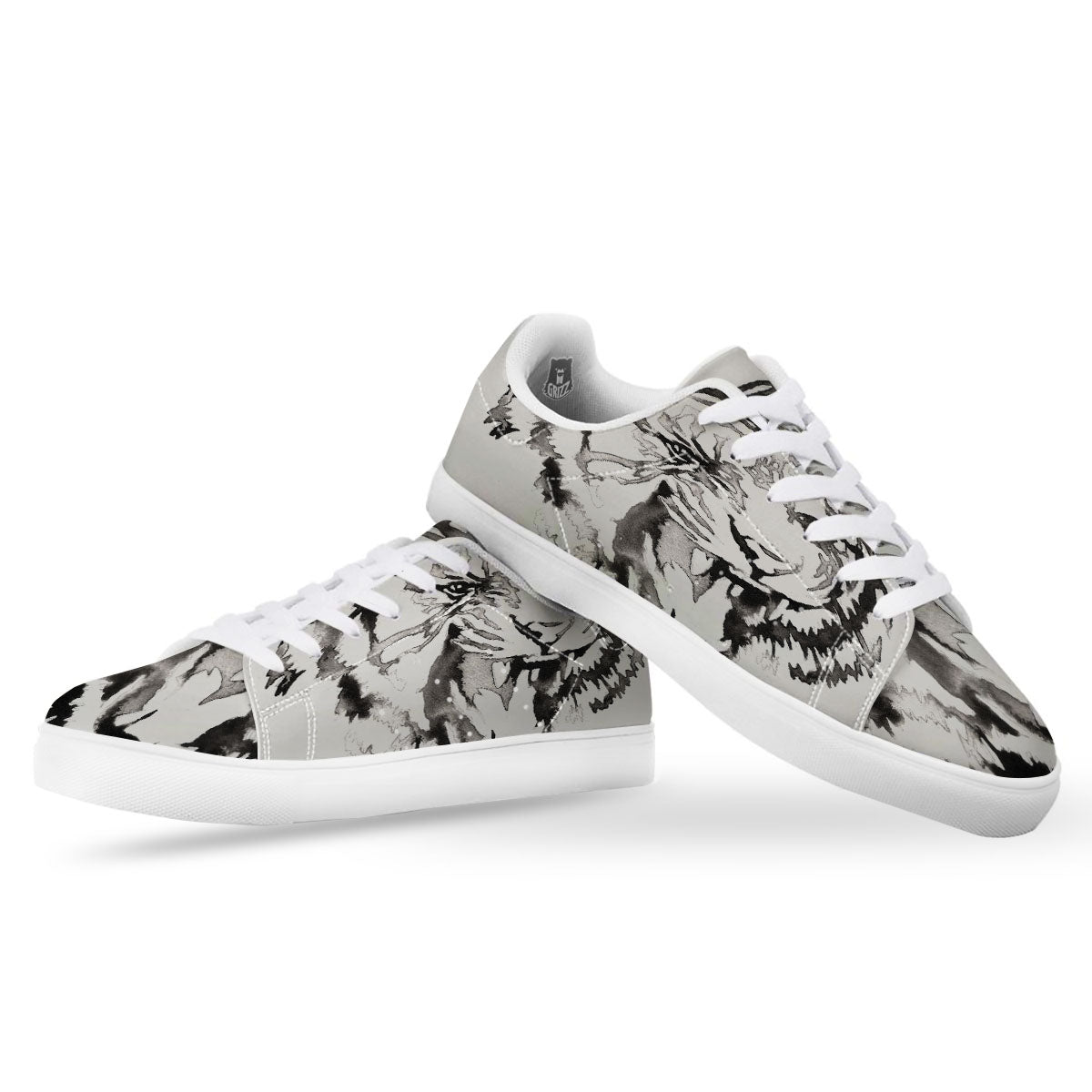 White Tiger Watercolor Monochrome Print White Low Top Sneakers-grizzshop