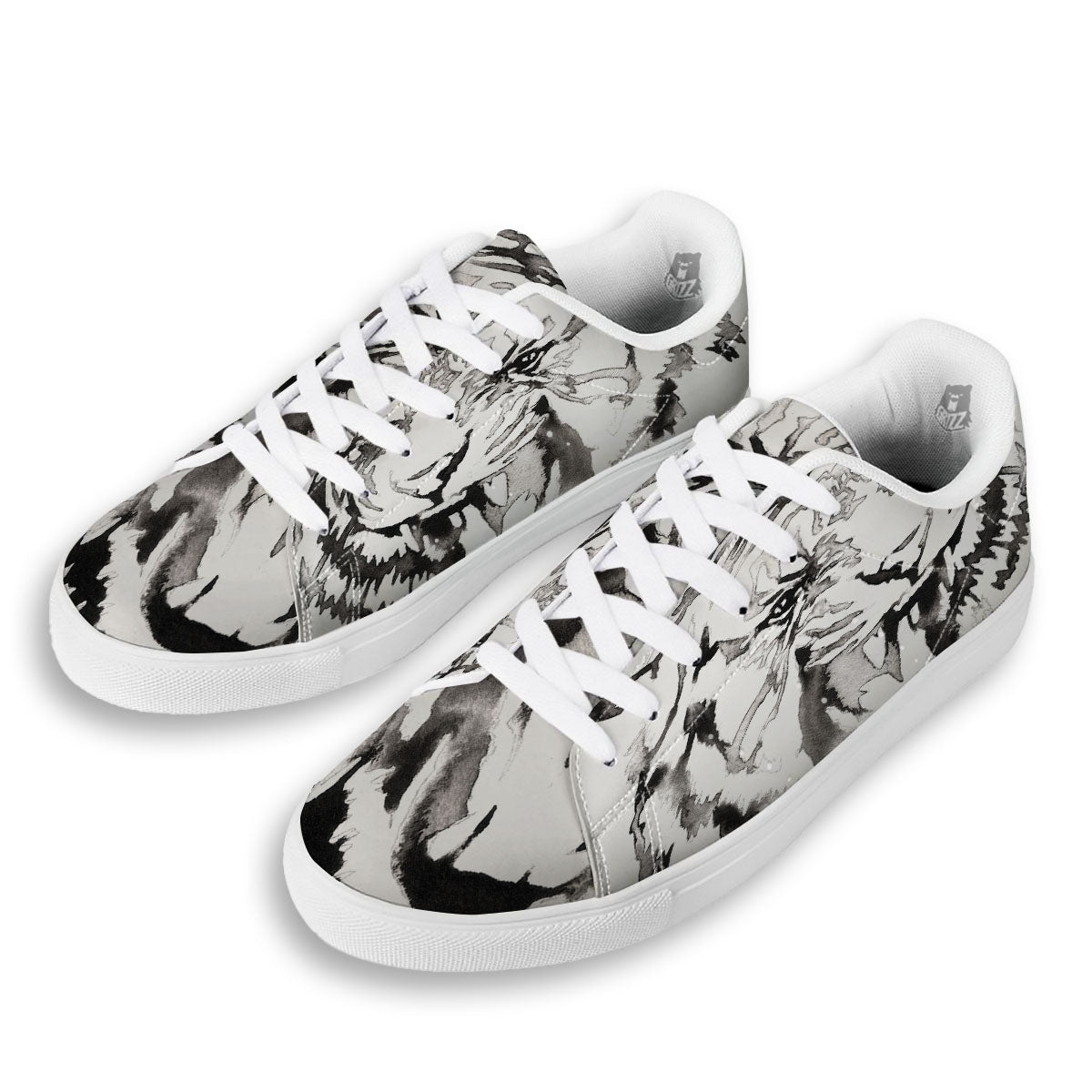 White Tiger Watercolor Monochrome Print White Low Top Sneakers-grizzshop