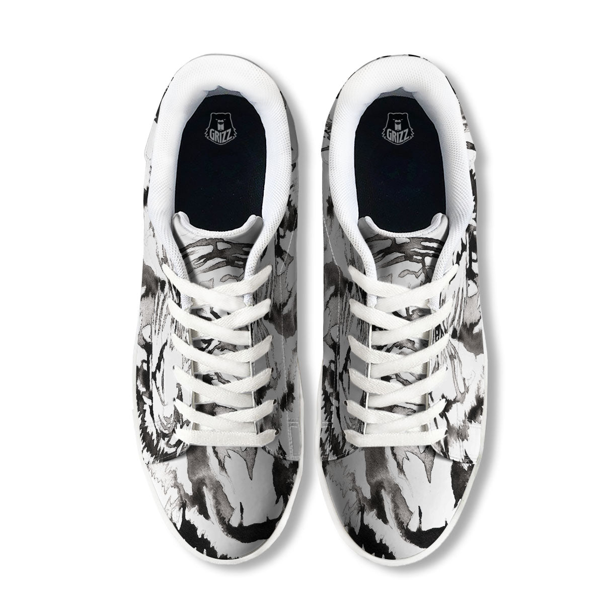 White Tiger Watercolor Monochrome Print White Low Top Sneakers-grizzshop