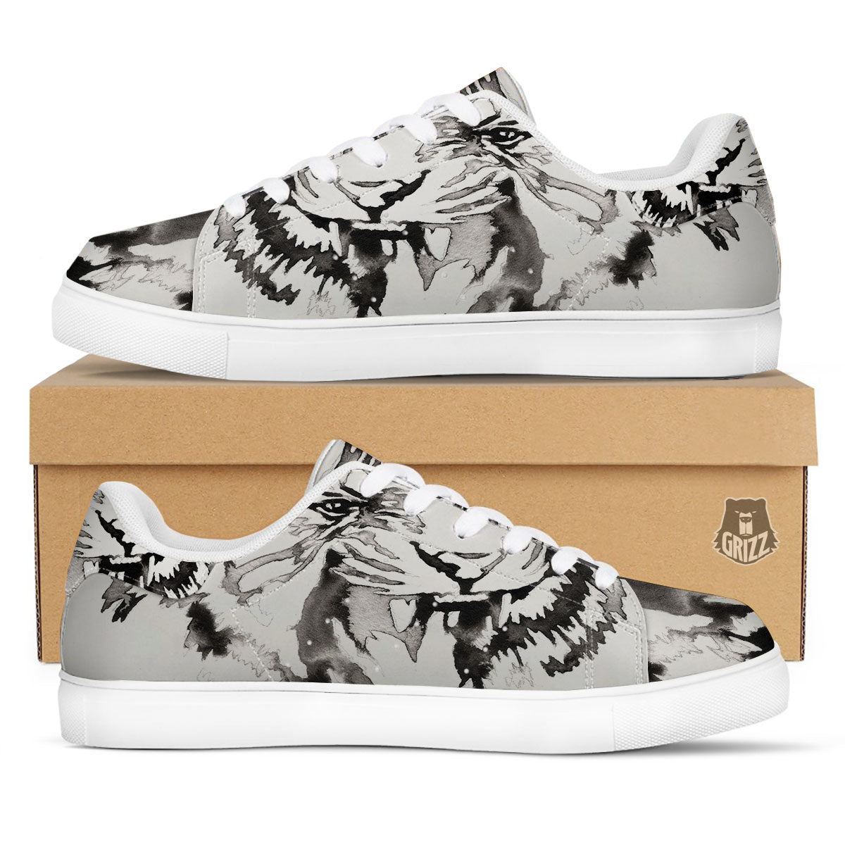 White Tiger Watercolor Monochrome Print White Low Top Sneakers-grizzshop
