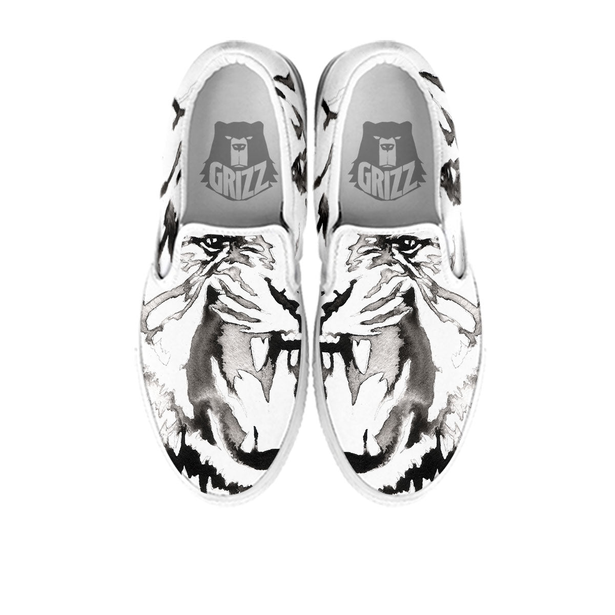 White Tiger Watercolor Monochrome Print White Slip On Shoes-grizzshop