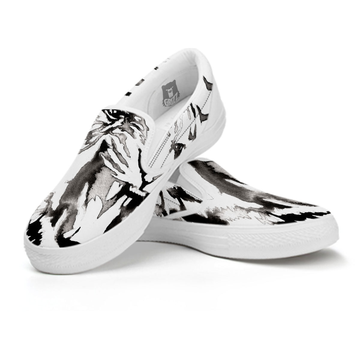 White Tiger Watercolor Monochrome Print White Slip On Shoes-grizzshop