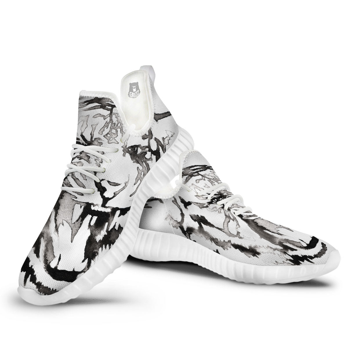 White Tiger Watercolor Monochrome Print White Walking Shoes-grizzshop