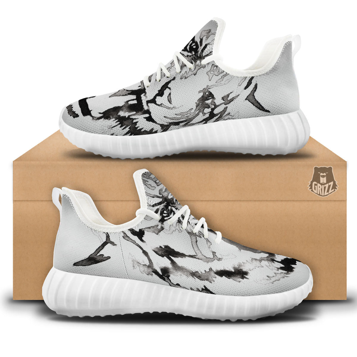 White Tiger Watercolor Monochrome Print White Walking Shoes-grizzshop