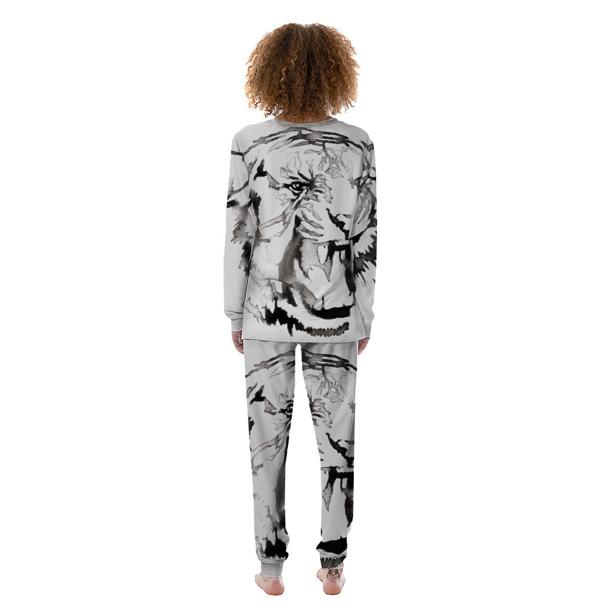 White Tiger Watercolor Monochrome Print Women's Pajamas-grizzshop