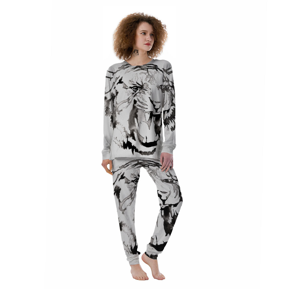 White Tiger Watercolor Monochrome Print Women's Pajamas-grizzshop