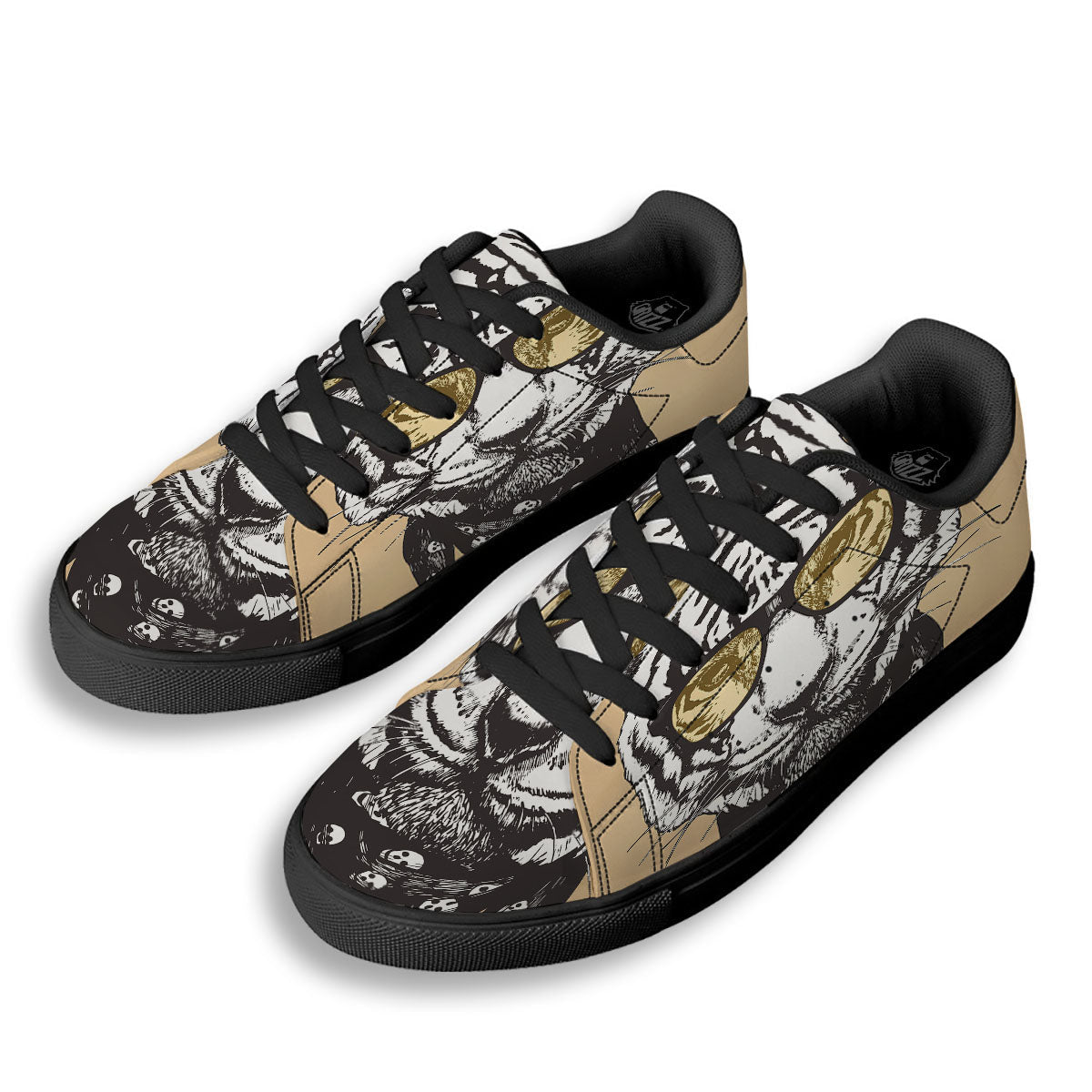 White Tiger With Sunglasses Print Pattern Black Low Top Sneakers-grizzshop