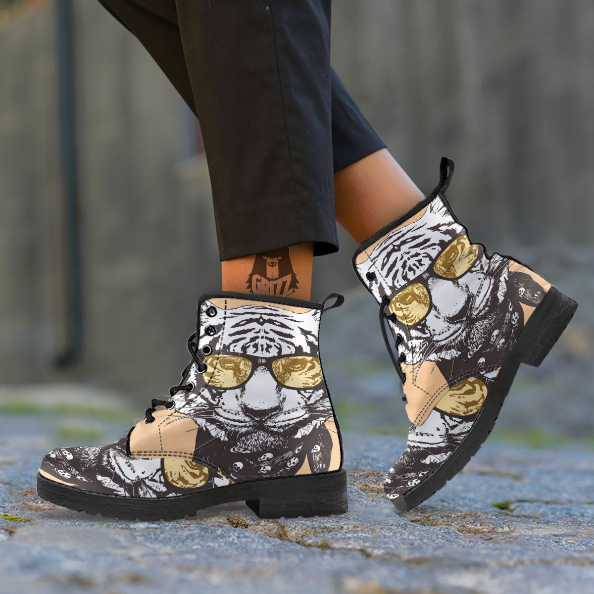 White Tiger With Sunglasses Print Pattern Leather Boots-grizzshop