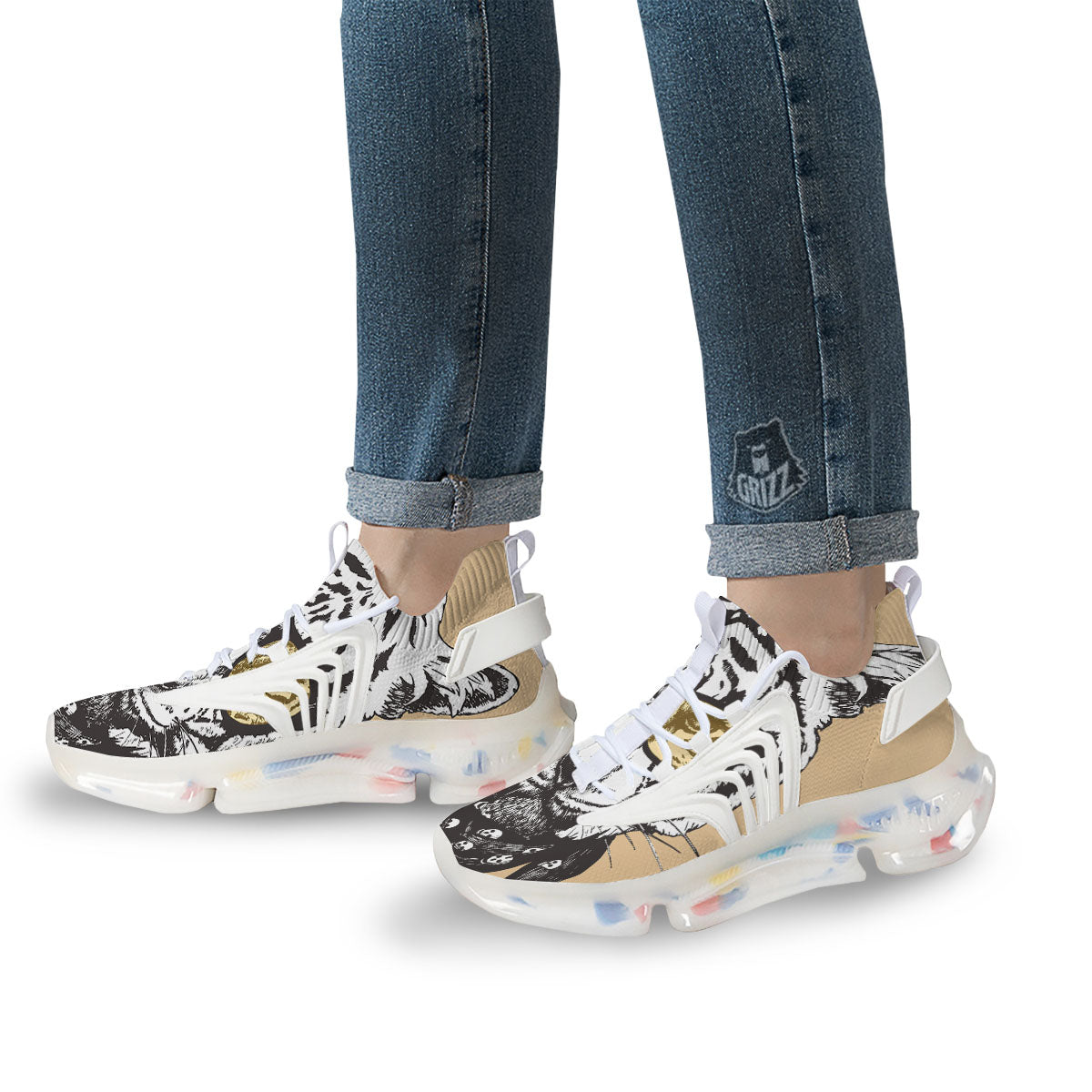 White Tiger With Sunglasses Print Pattern White Gym Shoes-grizzshop