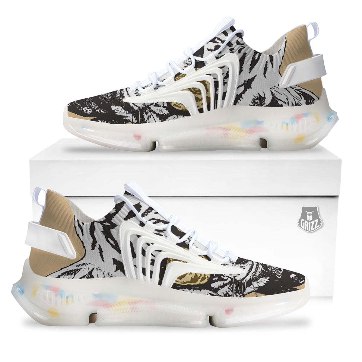 White Tiger With Sunglasses Print Pattern White Gym Shoes-grizzshop