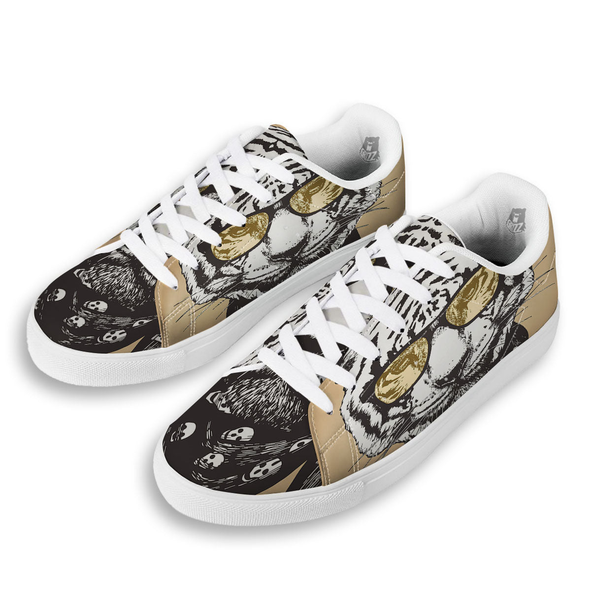 White Tiger With Sunglasses Print Pattern White Low Top Sneakers-grizzshop