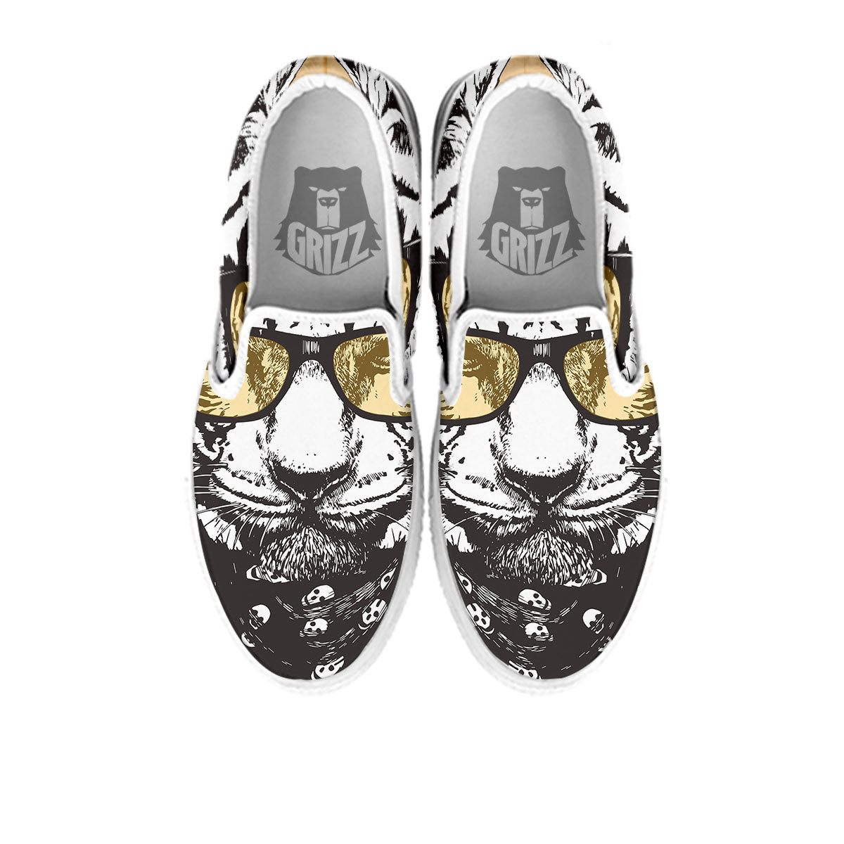 White Tiger With Sunglasses Print Pattern White Slip On Shoes-grizzshop