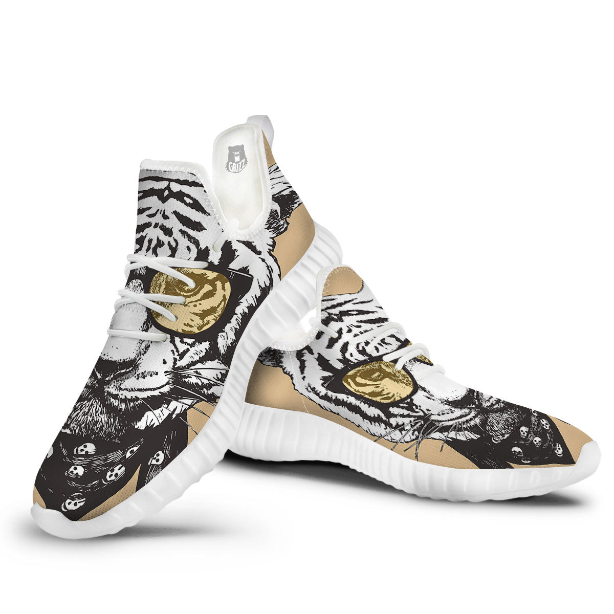 White Tiger With Sunglasses Print Pattern White Walking Shoes-grizzshop