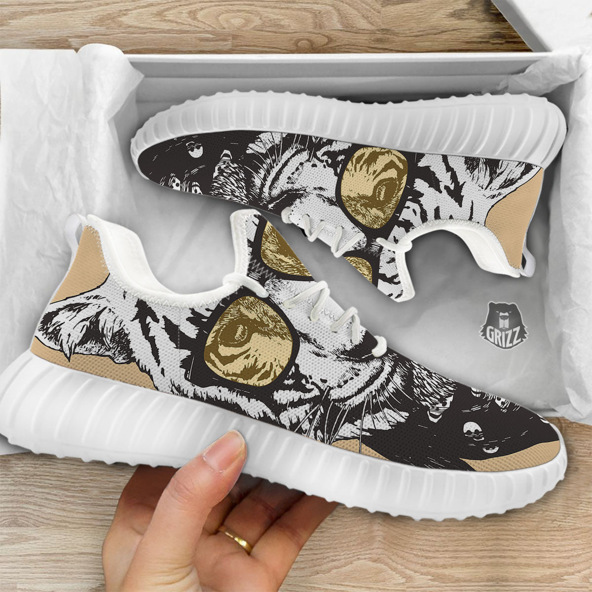White Tiger With Sunglasses Print Pattern White Walking Shoes-grizzshop