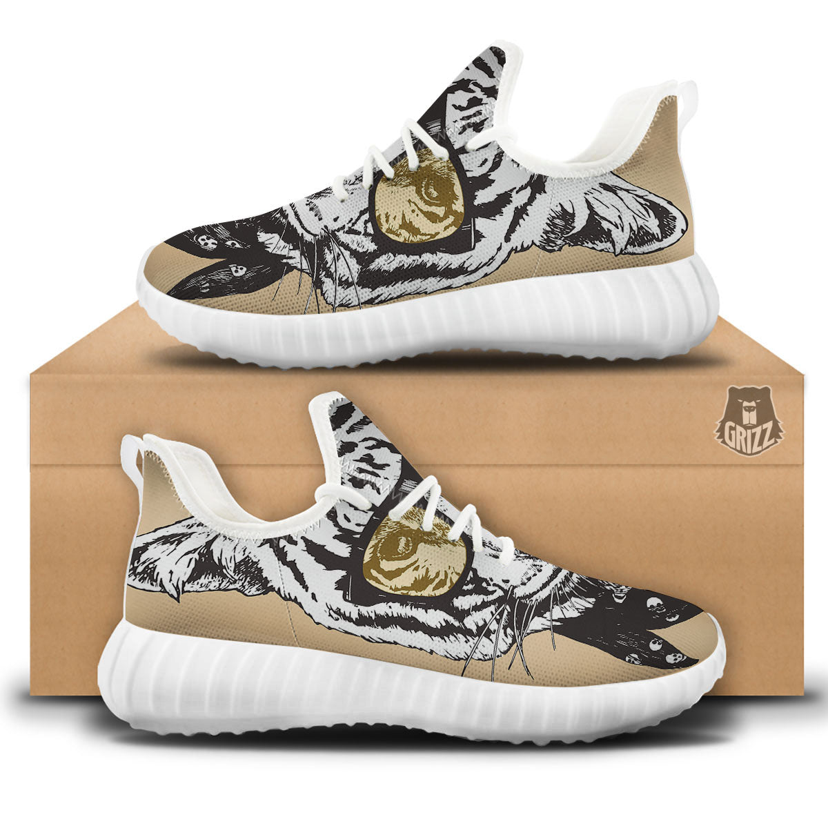 White Tiger With Sunglasses Print Pattern White Walking Shoes-grizzshop
