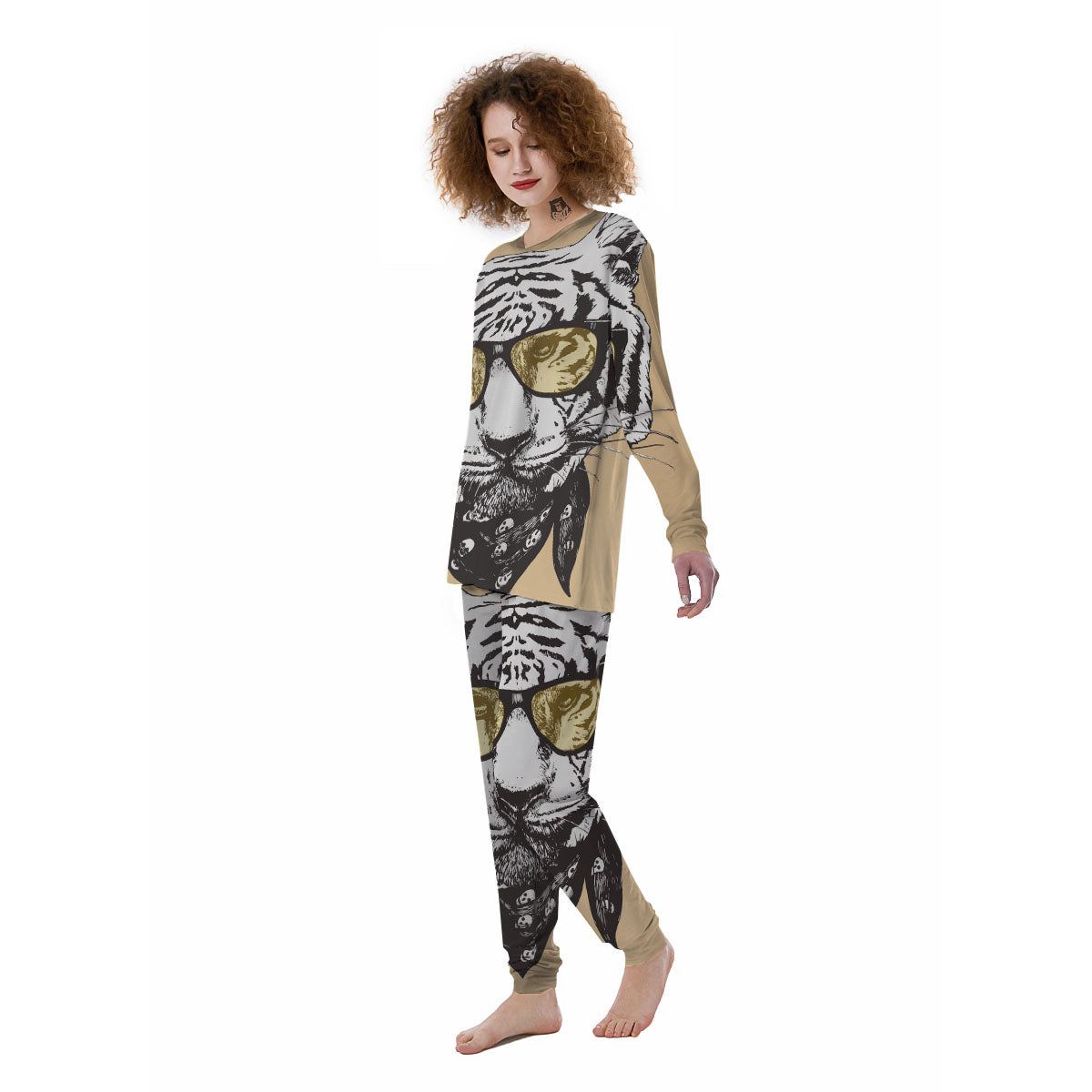 White Tiger With Sunglasses Print Pattern Women's Pajamas-grizzshop